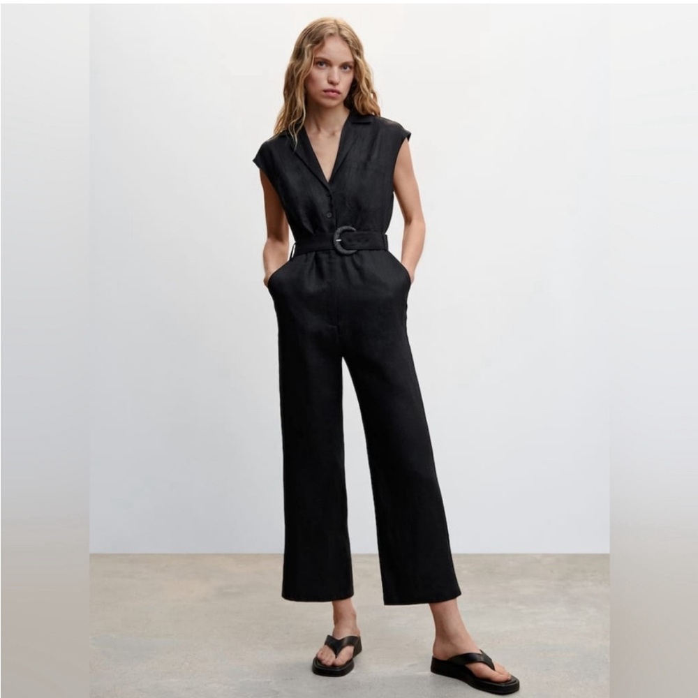 Mango Belted Linen Jumpsuit